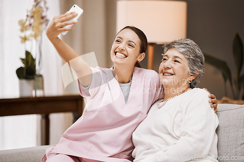 Image of Selfie, nurse and healthcare with a woman carer and senior patient taking a picture in a nursing home together. Phone, medical and social media with a female caregiver and eldery resident in a house