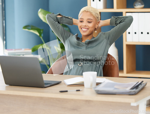 Image of Stretching at office desk, calm black woman smiling at work laptop and business in New York company. Confident lawyer reading email, relax in professional workplace and happy in corporate success