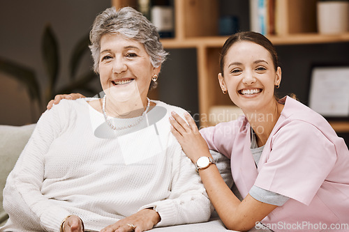 Image of Caregiver, senior woman and support portrait for healthcare wellness, medical professional and patient happiness in retirement home. Elderly person, nurse and happy smile together in nursing home