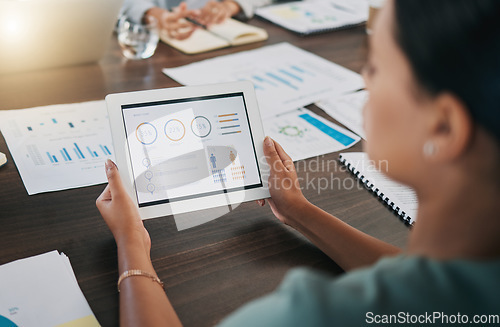 Image of Digital tablet, meeting and business people with paperwork planning a project with data, graphs and statistics. Technology, documents and team working on a corporate company strategy in the workplace