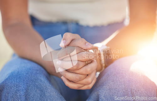 Image of Woman, prayer hands or clasped together for depression help, burnout solution hope or religion routine. Zoom, nervous person fingers or mental health stress in psychology healthcare wellness or faith