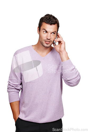 Image of Man, phone call conversation and thinking in studio for online discussion, mobile communication and talking in white background. Person, standing casual and speaking on smartphone isolated in studio