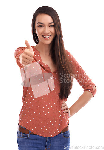 Image of Woman, studio portrait and thumbs up with smile, fashion and yes for motivation by white background. Young model, thumbsup and agreement with happiness, isolated and success with excited hand sign