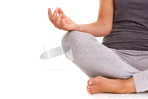 Image of Yoga meditation, wellness and relax woman meditate for chakra energy healing, spiritual soul aura or pilates mock up. Lotus mockup, zen mindset peace and model mindfulness on white background studio