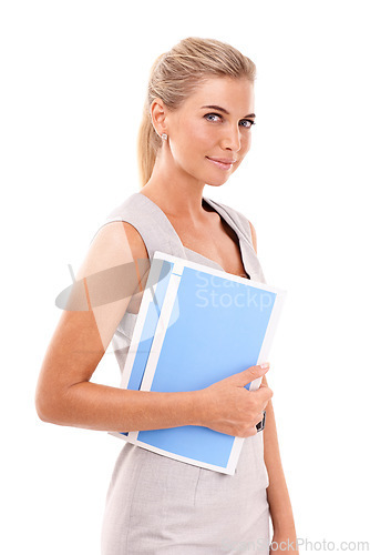 Image of Portrait, business and woman with folder, white background or documents. Female corporate worker, employee and paperwork report in studio of receptionist, professional entrepreneur or secretary staff