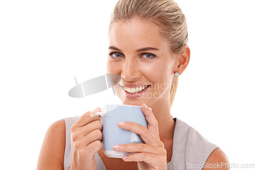 Image of Business woman, portrait or drinking coffee on isolated white background in recruitment ideas, innovation or vision. Smile, happy or corporate worker with tea cup, human resources goals or hr mockup