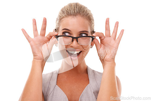 Image of Shock, excited and portrait of a woman with spectacles in a studio with a omg, wow or wtf facial expression. Shocked, surprise and smart female model from Australia with glasses by a white background