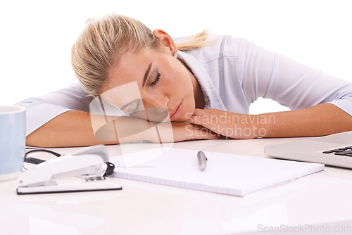 Image of Sleeping, tired business woman with notebook for planning, writing and working at desk on white background studio. Worker, employee or writer with fatigue, mental health problem and depression