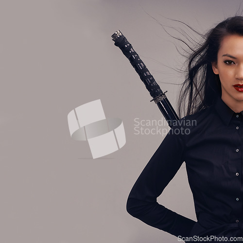 Image of Samurai, ninja and portrait of woman with sword in studio isolated on gray background mockup. Face, sports and martial arts of young female warrior with blade ready for workout, training or exercise.