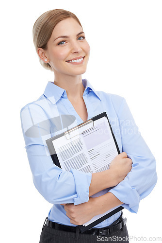 Image of Hr management, portrait or paper clipboard on isolated white background in cv review, recruitment or job interview. Smile, happy worker or human resources woman or contract documents in we are hiring