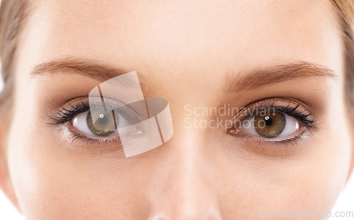 Image of Face, eyes and vision with a woman in studio on a white background for eyecare or prescription eyewear. Microblading, makeup and zoom with a young female looking closeup while testing fher eyesight