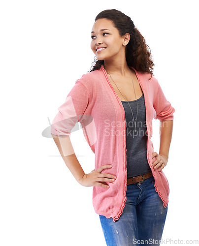 Image of Fashion, stylish and happy woman in studio with casual, cool and trendy fashionable outfit. Beauty, smile and girl model from Mexico with edgy clothes isolated by white background with mockup space.