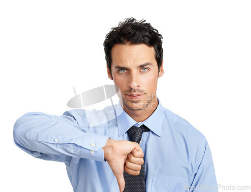 Image of Portrait, hand and businessman with thumbs down in studio for no, bad and business fail on white background. Face, failure and young entrepreneur showing negative emoji for objection while isolated