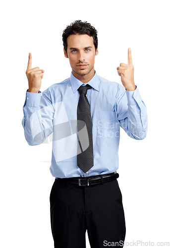 Image of Portrait of businessman, hands and pointing up on studio background to branding, marketing or advertising space. Corporate worker, employee and finger showing on mock up backdrop for promotion deal