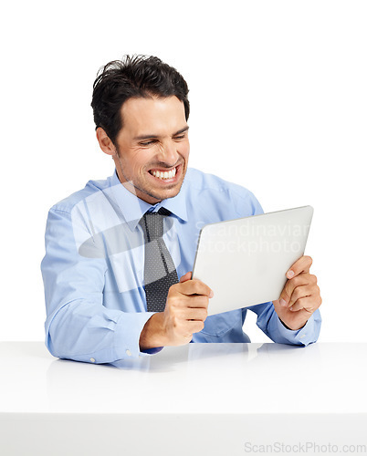 Image of Email, excited and businessman reading on tablet for work, communication and app. Website, contact and happy executive man with tech for connectivity, wifi and online news on a white background