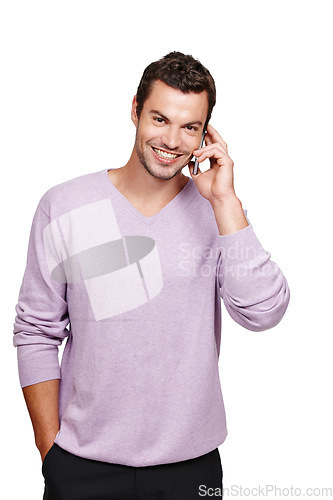 Image of Man, phone call and smile portrait talking in studio for online communication, mobile phone discussion and happy isolated in white background. Casual person, smartphone and happiness speaking on call