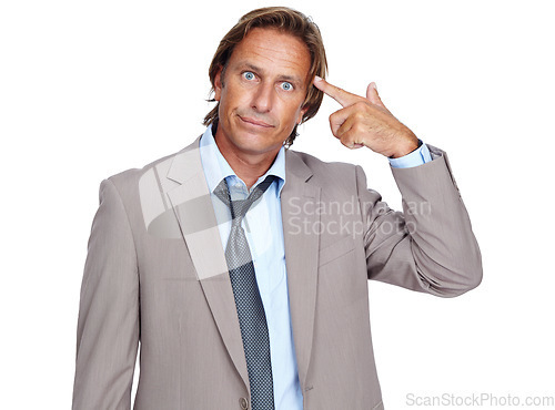 Image of Portrait, thinking and crazy with a business man in studio isolated on a white background for mental health. Compliance, glitch and idea with a male employee on blank space pointing to his head