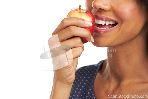 Image of Apple, fruit and model mouth bite healthy food for diet and organic lifestyle with mock up. Hungry, health and eating fruits of a black woman happy about snack choice and weight loss with mockup