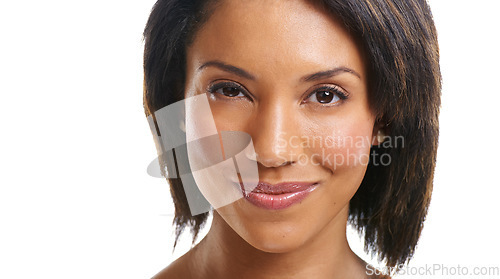 Image of Happy black woman, portrait and brunette hairstyle on isolated white background in keratin treatment or dye color. Zoom, face and smile facial expression on hair beauty model with makeup cosmetics