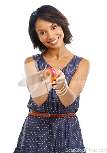 Image of Portrait, fruits or black woman eating an apple in studio on white background with marketing mockup space. Smile, organic or happy African girl advertising healthy food diet for self care or wellness