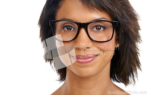 Image of Happy black woman, portrait or fashion glasses on isolated white background in vision, healthcare wellness or myopia help. Zoom, face or model with optometry eyes wear in medical prescription support