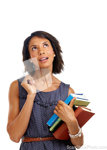 Image of Teacher thinking, woman with books for reading and teaching with learning and education against white background. Academy, school and learn with knowledge and study, vision and academic motivation