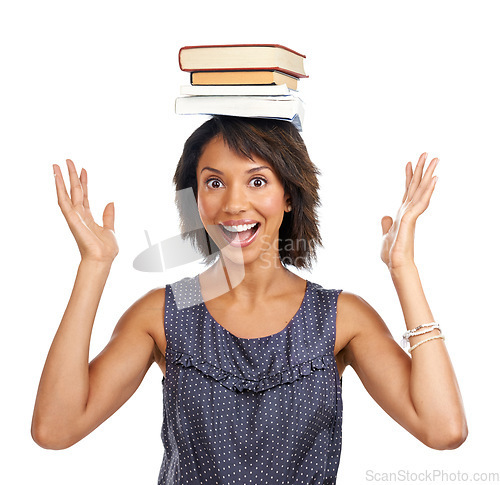 Image of Portrait, headshot or black woman with books or balance in studio excited with learning development. Education, student or happy African school girl smiles in university or college with for knowledge