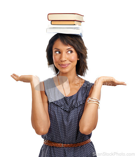 Image of Student, choice or black woman with books, balance or decisions in studio with marketing mockup space. Education, smile or African school girl in university or college with notebooks for learning