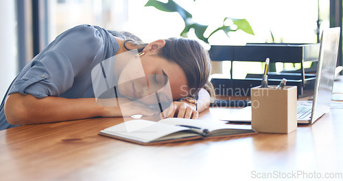 Image of Sleep, tired and insomnia with business woman and fatigue, corporate burnout and employee sleeping on desk. Working overtime for deadline, overworked and mental health, sleepless from job stress.