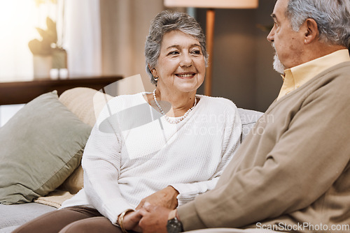 Image of Elderly, couple and marriage with commitment and retirement, spending quality time with love and care at family home. Relationship, holding hands with support and trust with old couple together.