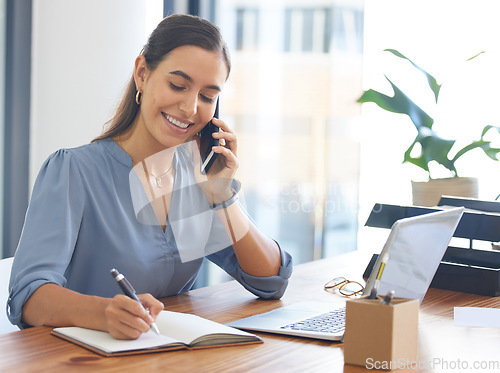 Image of Phone call, happy or business woman writing in notebook in office planning creative strategy or idea. Smile, success or employee with smartphone for communication, networking or startup discussion