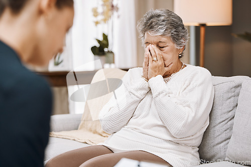 Image of Psychologist, consulting or old woman crying in counseling with therapist writing notes in conversation. Stressed, checklist or psychology expert listening or helping sad senior person in therapy