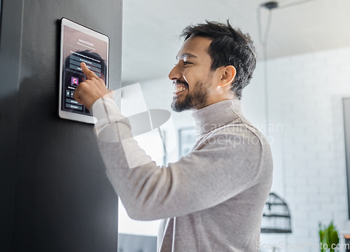 Image of Smart home technology, wall system or man with digital dashboard screen for room lighting, safety security network or house automation. AI software app, ui panel or profile of person with IOT monitor