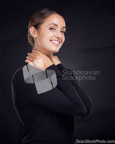 Image of Skincare, portrait or woman in studio with a happy smile after facial grooming routine isolated on black background. Beauty glow, face or girl model smiling with marketing or advertising mockup space