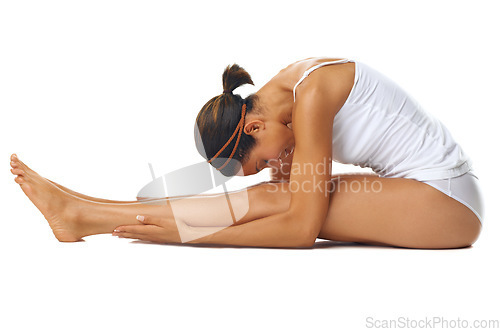 Image of Yoga, woman and stretching for meditation, peace and fitness for wellness, health and female isolated on white studio background. Exercise, lady and athlete workout, training and pilates practice