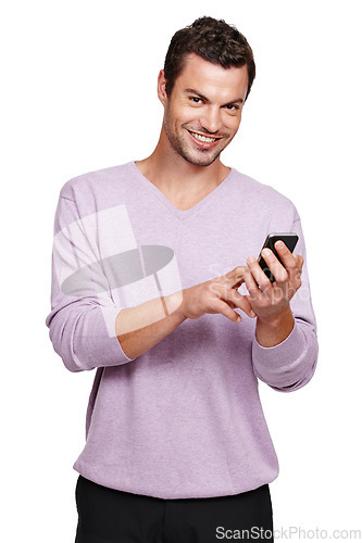 Image of Portrait, man and smartphone for connection, social media or guy isolated on white studio background. Male, gentleman or cellphone for communication, chatting or texting to connect or search internet
