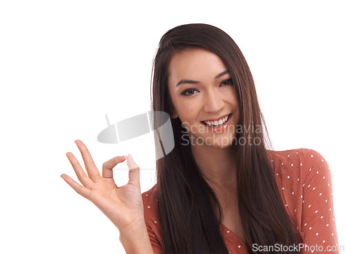 Image of Success, ok and portrait of Asian woman on a white background to vote, agreement and approval. Mockup, advertising and face of girl isolated in studio with hand gesture for good news, support and yes