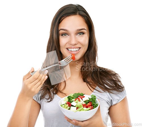 Image of Happy, woman and portrait with health salad for wellness nutrition and diet with cheerful smile. Beautiful dieting model excited for healthy food lifestyle on isolated white background.