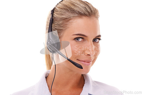 Image of Customer support communication, face portrait and woman talk on contact us CRM, telemarketing or call center. Telecom microphone, customer service and consultant consulting on white background studio