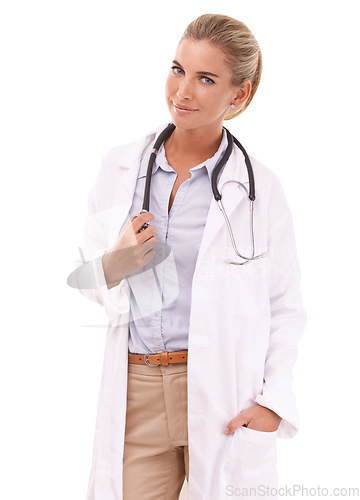 Image of Doctor, healthcare and portrait of woman in studio isolated on a white background. Face, wellness and smile of happy, confident and proud female medical professional, worker or physician from Canada.