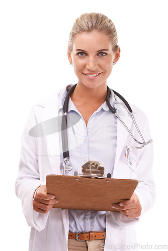 Image of Portrait, woman and healthcare doctor with checklist in studio on a white background. Face, wellness and happy female medical worker from Canada with clipboard for research, prescription or schedule.