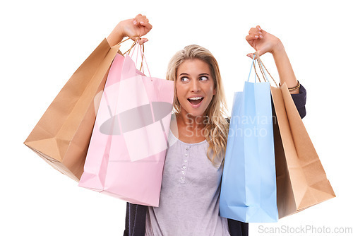 Image of Fashion, wow or woman with shopping bag, clothes or luxury products in studio on white background. Excited, retail or happy girl customer with designer brands on sale, discount or promotional offer