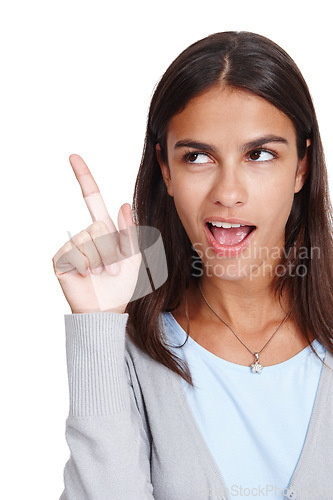 Image of Young woman, thinking and finger with idea, solution or plan against white studio background. Isolated female pointing hand up to solve problem or in thought for light bulb moment on white background