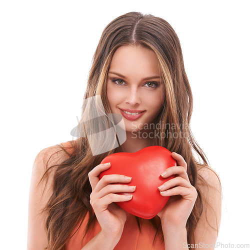 Image of Heart, love and face portrait of woman with red object, romantic product or emoji icon for Valentines Day holiday. Beauty, smile and studio headshot of happy model girl isolated on white background