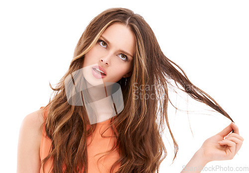 Image of Beauty model, face or thinking on brunette hairstyle on isolated white background for keratin treatment innovation. Woman, brown hair or salon ideas for dye color goals on marketing mock up