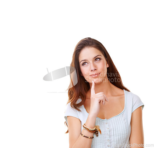 Image of Innovation, thinking and inspiration of woman brainstorming and considering idea for marketing. Ideas, inspired and strategy of beautiful girl with solution in white studio mockup background.