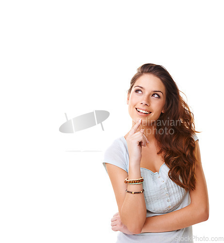 Image of Thinking, mockup and smile with woman and idea for question, product and deal choice. Why, solution and sale with girl model wondering for beauty, decision and planning in white background studio
