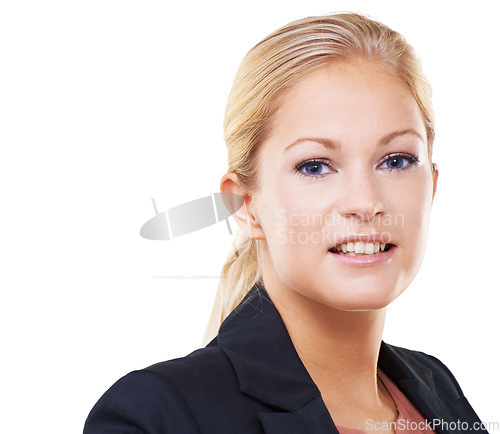 Image of Face portrait, leadership and business woman with goals or targets in studio on white background. Boss, ceo and confident, proud and young female entrepreneur with mission, vision and success mindset