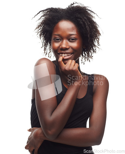 Image of Beauty, portrait and flirting black woman in studio for hair treatment against white background. Face, girl and haircare for thinking African girl with curly, texture and afro, cute and isolated