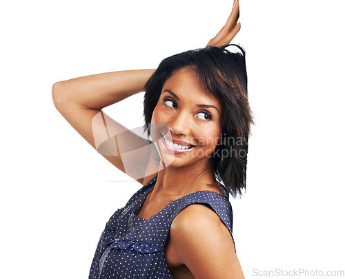 Image of Happy woman, poster or announcement with advertising space, billboard or mockup for brand sale. Black female with a banner, product placement or signage mock up for branding logo on white background